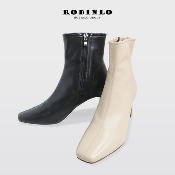 Robinlo絕美流線方頭高跟短靴 ALCOTT-奶油白/極簡黑