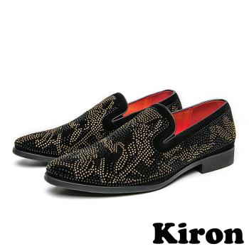 【Kiron】粗跟樂福鞋絨面樂福鞋/典雅絨面幾何流線拼貼亮鑽潮流樂福鞋-男鞋 黑