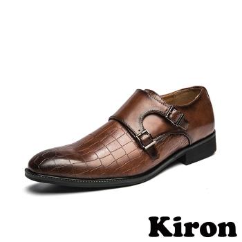 【Kiron】紳士皮鞋粗跟皮鞋/復古雙釦帶時尚壓紋經典紳士皮鞋-男鞋 棕