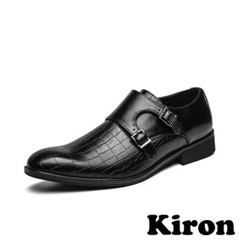 【Kiron】紳士皮鞋粗跟皮鞋/復古雙釦帶時尚壓紋經典紳士皮鞋-男鞋 黑