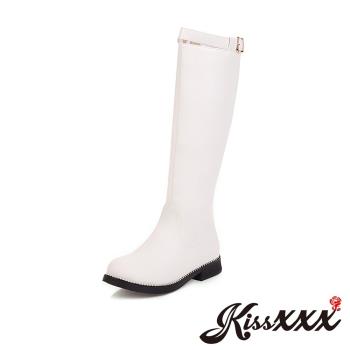 【Kissxxx】粗跟長靴低跟長靴/時尚釦帶造型純色素面低跟長筒靴 白