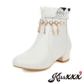 【Kissxxx】蕾絲短靴低跟短靴/蕾絲花邊珍珠流蘇造型低跟短靴  白