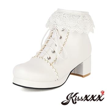 【Kissxxx】蕾絲短靴粗跟短靴/甜美蕾絲花邊繫帶造型粗跟短靴  白