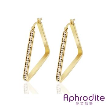 【Aphrodite 愛芙晶鑽】金色美鑽鑲嵌排鑽時尚造型316L鈦鋼大C圈耳環 三角