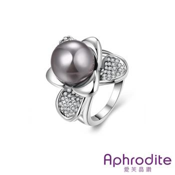 【Aphrodite 愛芙晶鑽】浪漫花朵珍珠美鑽造型戒指 (白金色)