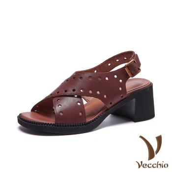 【Vecchio】真皮涼鞋粗跟涼鞋/真皮頭層牛皮復古交叉縷空洞洞造型粗跟涼鞋 咖
