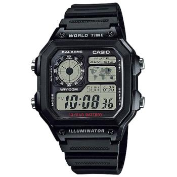 CASIO 卡西歐 10年電力 復古風 世界地圖計時手錶-黑 AE-1200WH-1A