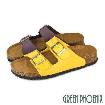 GREEN PHOENIX 女 拖鞋 寬版 二字 雙皮帶釦 平底 台灣製U60-20702