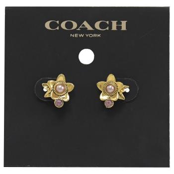 COACH C6298 花朵水晶鑲鑽造型耳環.金/粉鑽