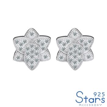 【925 STARS】純銀925微鑲美鑽盛開蓮花造型耳釘 純銀耳釘 造型耳釘 美鑽耳釘