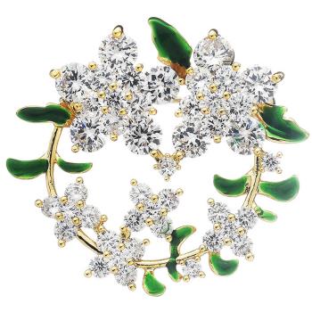 【Jpqueen】時尚氣質綠色花環鋯石胸針(金色)