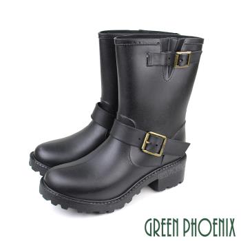 GREEN PHOENIX 女 雨靴 雨鞋 中筒 雙皮帶飾釦 防水U38-20821