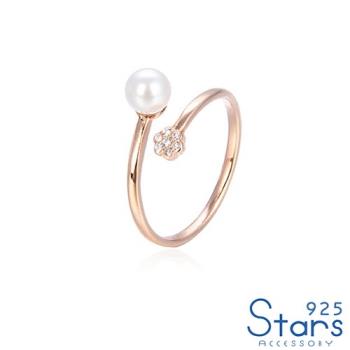 【925 STARS】純銀925微鑲美鑽花型珍珠開口戒戒指 純銀戒指 造型戒指 開口戒 情人節禮物