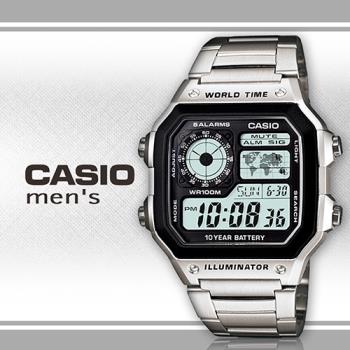 【CASIO 卡西歐】方形世界時間地圖不鏽鋼中性錶(AE-1200WHD-1A)