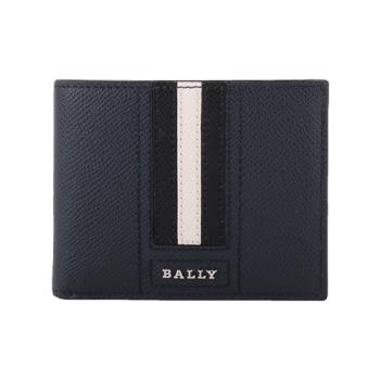 BALLY -  防刮皮革黑白條紋對開6卡短夾 (藍色)