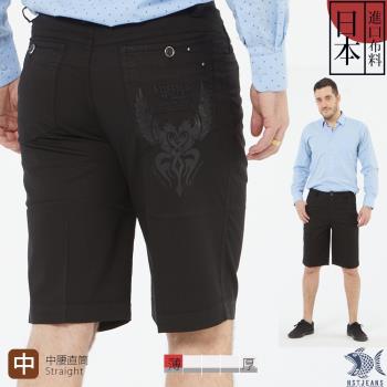 NST Jeans 日本布料_雙龍戲珠燙銀圖騰 隱約細直紋黑短褲-中腰 390(9556)