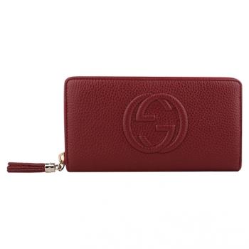 GUCCI 大雙G 壓印LOGO牛皮革流蘇拉鍊長夾 紅