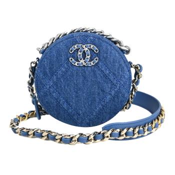 CHANEL19系列經典菱格丹寧帆布鏈帶圓形斜背包(藍色)