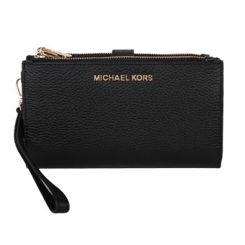 MICHAEL KORS 金LOGO 皮革雙層拉鍊釦式掛帶手拿包(黑)