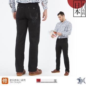  NST Jeans 歐系修身小直筒 日本布料_雙龍燙銀圖騰  細直紋黑長褲 380(5843)