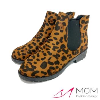 【MOM】短靴 低跟短靴/時尚英倫風彈力鬆緊靴口低跟短靴(豹紋棕)
