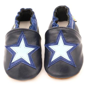 【BABY:MAMI】真皮手工寶寶學步鞋 (#18 深藍星星） 12-18M/18-24M 止滑軟Ｑ膠底