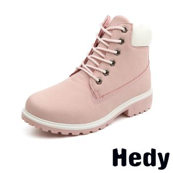 【HEDY】馬丁靴 短靴/經典特殊設計撞色6孔低跟短筒工裝馬丁靴 短靴(粉)