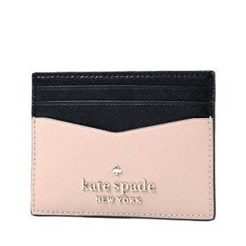 KATE SPADE 拚色防刮十字紋皮革名片夾-黑/奶茶色