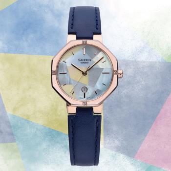 CASIO SHEEN 幾何八角形蜜桃金皮革腕錶 SHE-4543CGL-2A