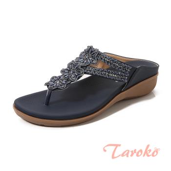 【Taroko】夏季復古花朵串珠水鑽百搭拖鞋(3色可選)
