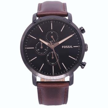 FOSSIL 美國最受歡迎頂尖運動時尚三眼計時皮革腕錶-黑+咖啡-BQ2461