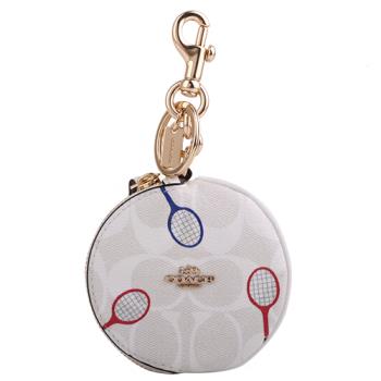 COACH - 金馬車羽球拍圖案鑰匙圈釦環圓型零錢包 (白)