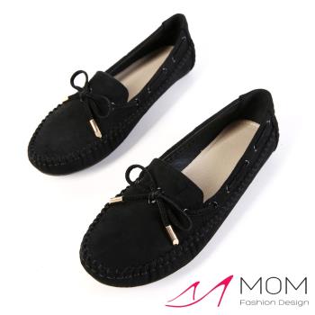 【MOM】樂福鞋 休閒樂福鞋/個性穿繩蝴蝶結手工縫線樂福鞋(黑)