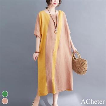 【ACheter】波浪紋拼接顯瘦大碼棉麻寬鬆洋裝#112030