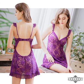 Annabery 大尺碼 蕾絲紫透視緹花薄紗荷葉肩帶挖背排釦二件式丁字褲性感睡衣