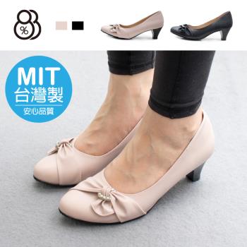【88%】MIT台灣製 5CM跟鞋 優雅氣質蝴蝶結水鑽 皮革尖頭粗跟鞋 OL上班族
