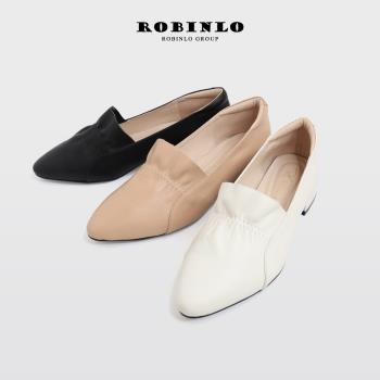 Robinlo法式優雅荷葉邊真皮尖頭粗跟鞋BARRIE-黑色/杏色/米白色