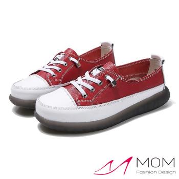 【MOM】休閒鞋 真皮休閒鞋/真皮復古帆布鞋型拼接休閒鞋 紅
