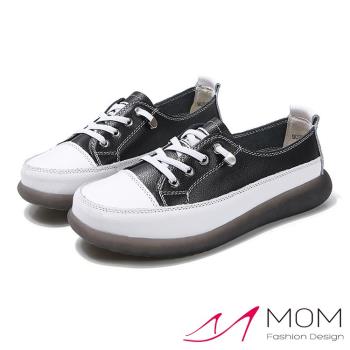 【MOM】休閒鞋 真皮休閒鞋/真皮復古帆布鞋型拼接休閒鞋 黑
