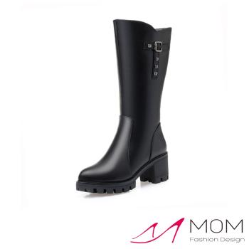 【MOM】中筒靴 粗跟中筒靴/質感鉚釘造型保暖粗跟中筒靴 黑