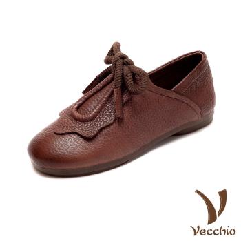 【VECCHIO】平底鞋 繫帶平底鞋/真皮頭層牛皮復古麻繩繫帶造型時尚平底鞋 棕