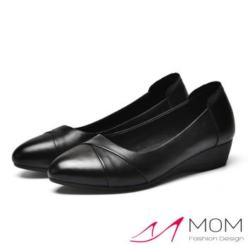 【MOM】跟鞋 坡跟鞋 /真皮頭層牛皮簡約折線舒適軟底尖頭坡跟鞋 黑