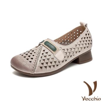 【VECCHIO】跟鞋 低跟鞋/真皮頭層牛皮縷空愛心圖樣舒適圓頭低跟鞋 米
