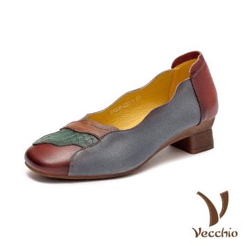 【VECCHIO】跟鞋 方頭跟鞋 /真皮頭層牛皮復古皮雕撞色拼接舒適小方頭跟鞋 紅