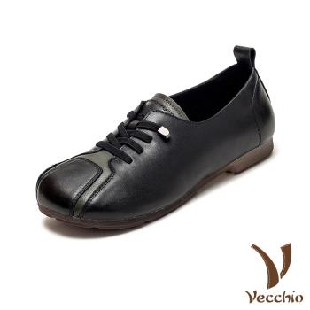 【VECCHIO】休閒鞋 低跟休閒鞋/真皮頭層牛皮復古拼接百搭低跟休閒鞋 黑