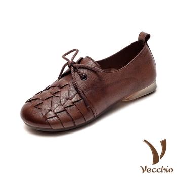 【VECCHIO】跟鞋 低跟鞋/真皮頭層牛皮復古交叉編織綁帶舒適低跟鞋 咖