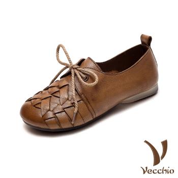 【VECCHIO】跟鞋 低跟鞋/真皮頭層牛皮復古交叉編織綁帶舒適低跟鞋 卡其