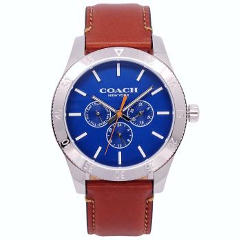COACH 美國頂尖精品簡約時尚三眼造型皮革腕錶-藍面+咖啡-14602441