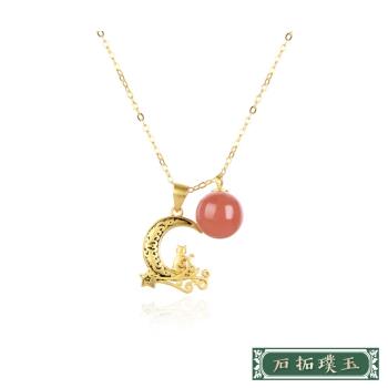 【石拓璞玉】純銀925古法金月亮上的貓咪南紅珠造型項鍊 純銀項鍊 造型項鍊 情人節禮物
