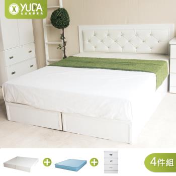 【YUDA 生活美學】黛曼特純白色 房間組四件組 (床頭片+加厚六分床底+床墊+床頭櫃) 單人3.5尺